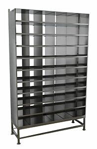 Free Standing Bootie Rack, BioSafe®, 304 SS, 48" W x 14.5" D x 77.5" H, Solid Shelves, 60 Slots